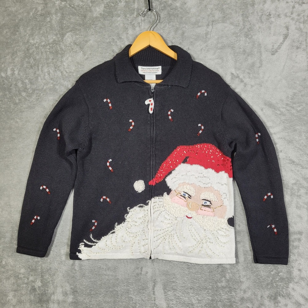 Vintage Tiara International Black Full Zip Cardigan Sweater Christmas Santa